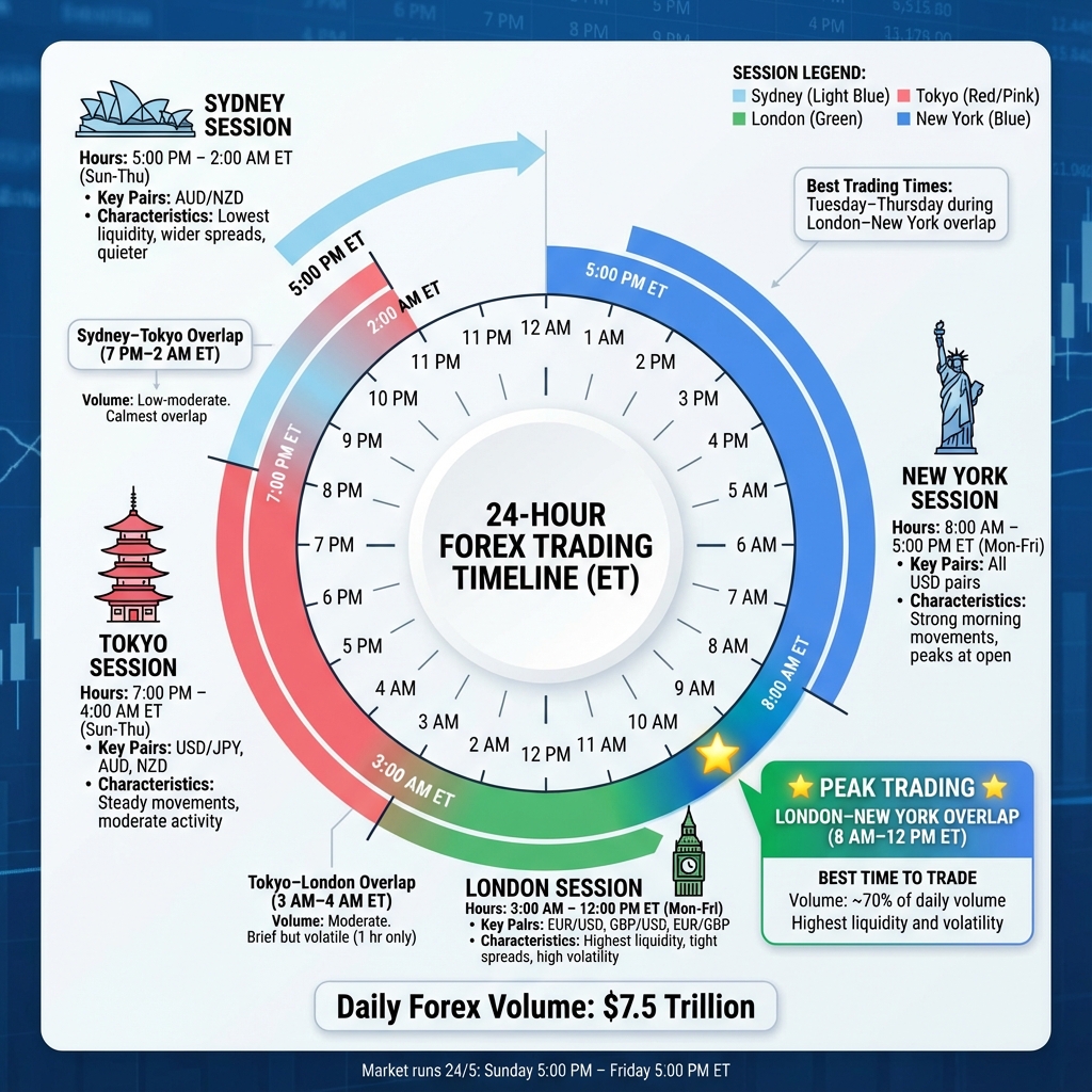 Forex Trading Sessions and Overlaps: 24-Hour Market Hours Guide