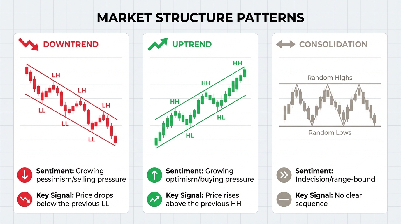 Market Structure Patterns: Downtrend vs Uptrend vs Consolidation Trading Signals
