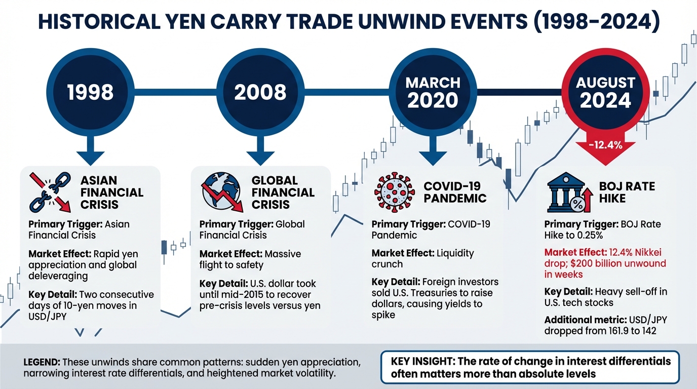 Historical Yen Carry Trade Unwinds: 1998-2024 Timeline and Market Impact