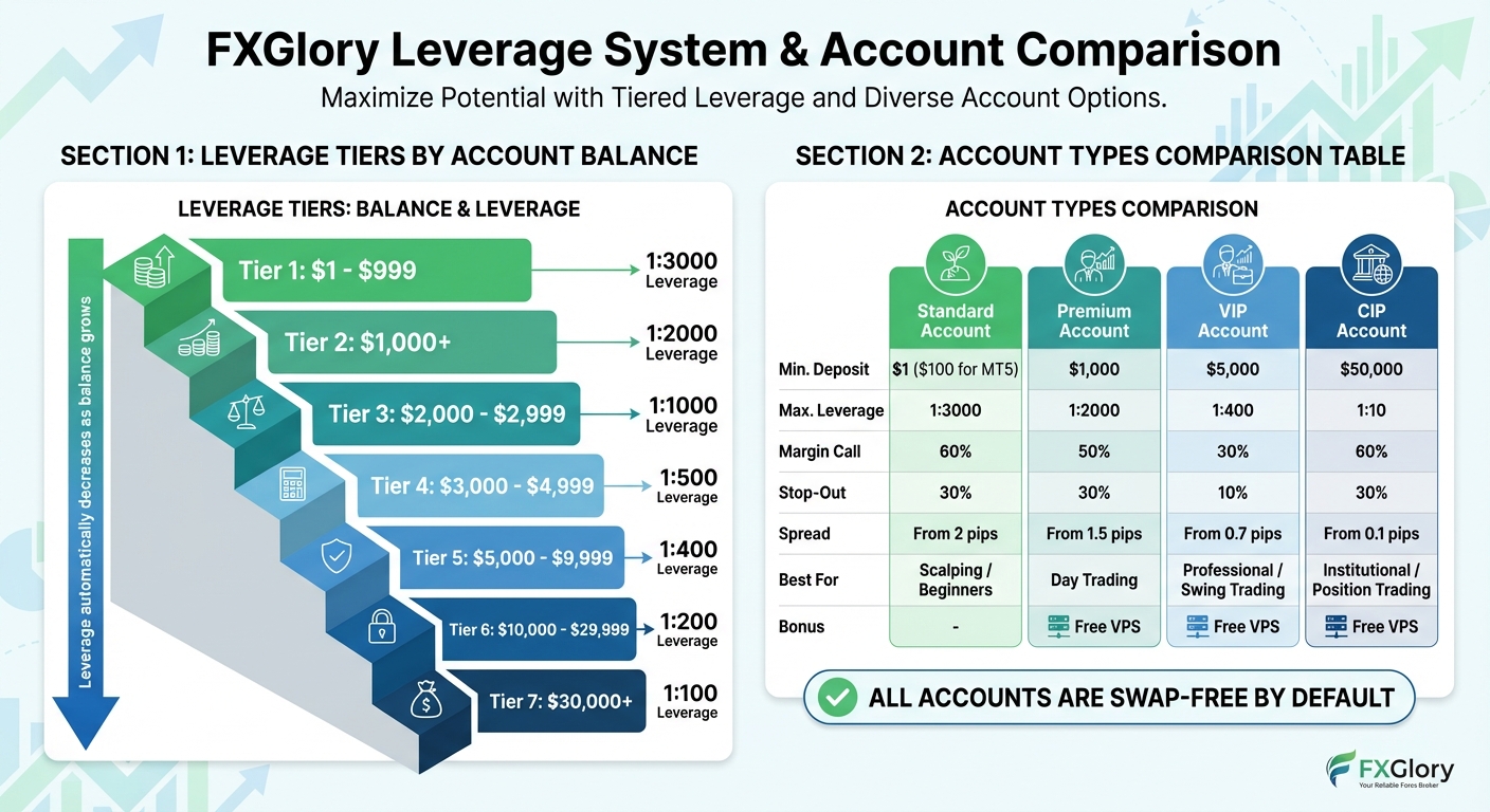 FXGlory Leverage Tiers and Account Types Comparison Chart