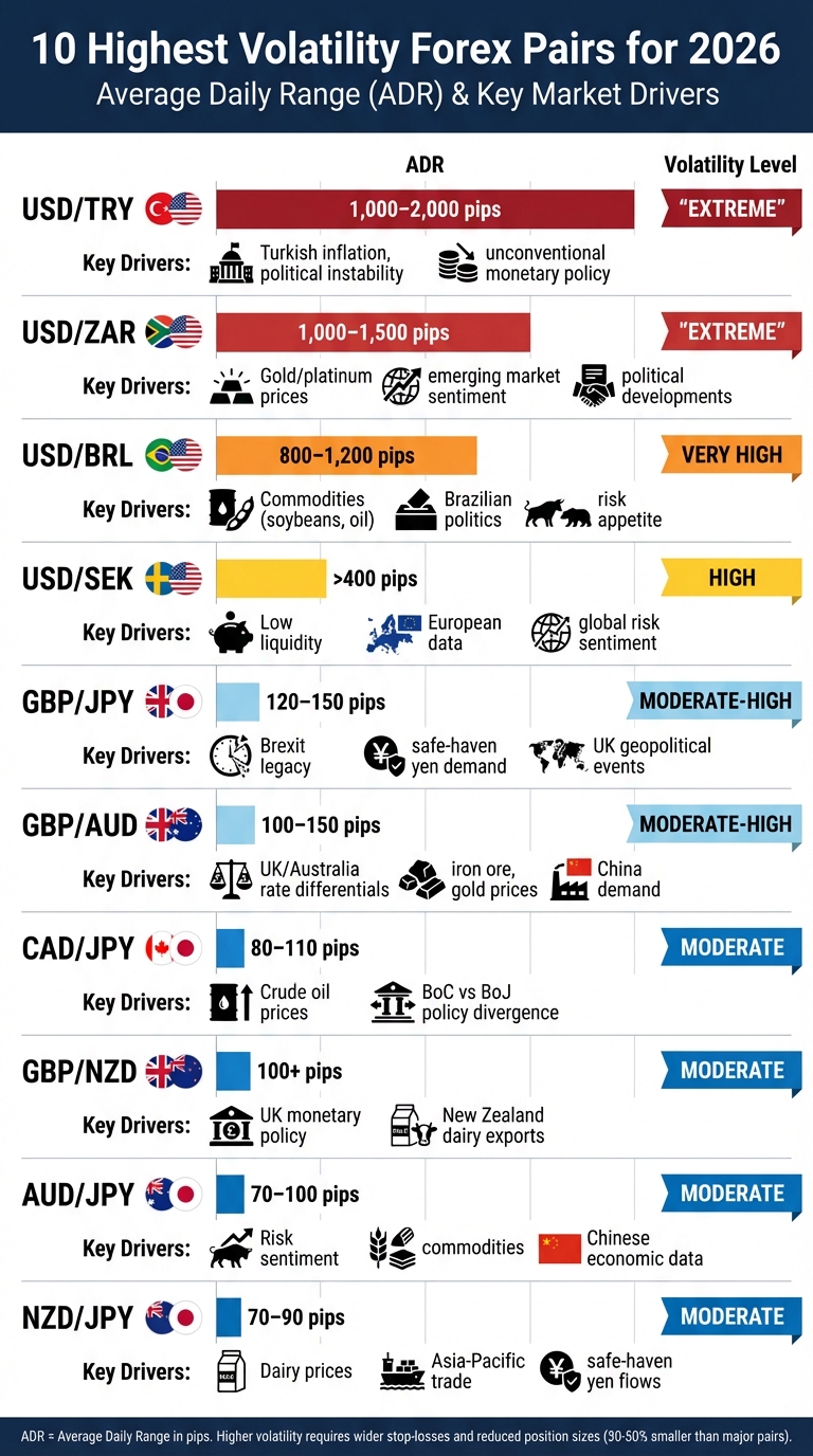 Top 10 Most Volatile Forex Pairs 2026: Daily Range & Key Drivers Comparison