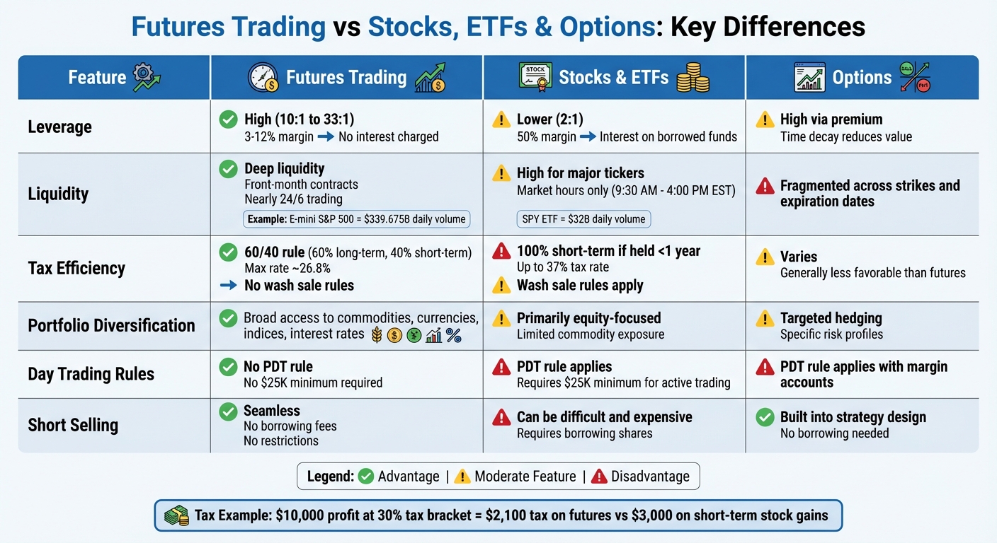 Futures vs Stocks ETFs Options: Leverage, Liquidity, Tax Efficiency Comparison